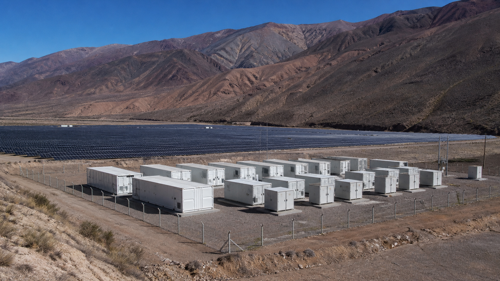 Paneles solares y sistemas de almacenamiento de energía en un paisaje de Iglesia