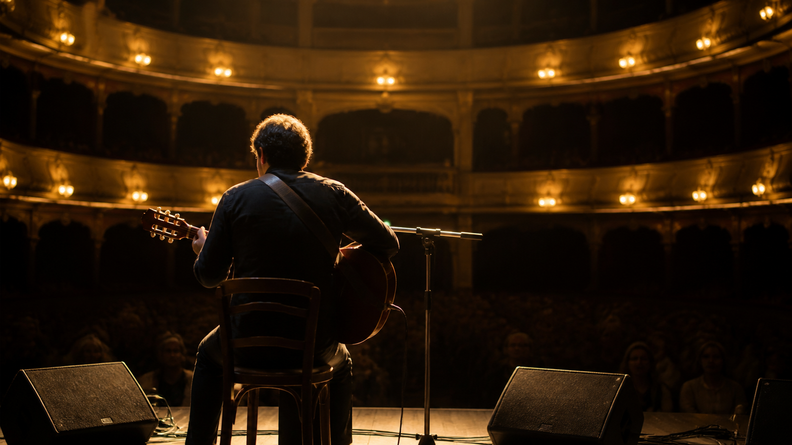 Músico de folklore con guitarra sobre el escenario de un teatro