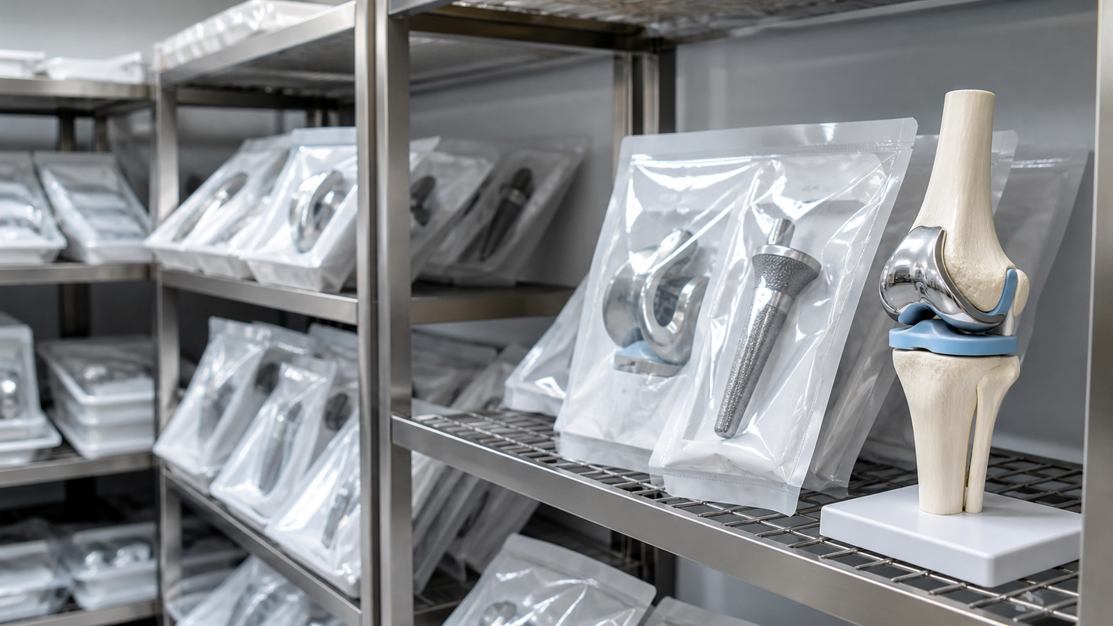 Prótesis ortopédicas organizadas en una sala de almacenamiento médico