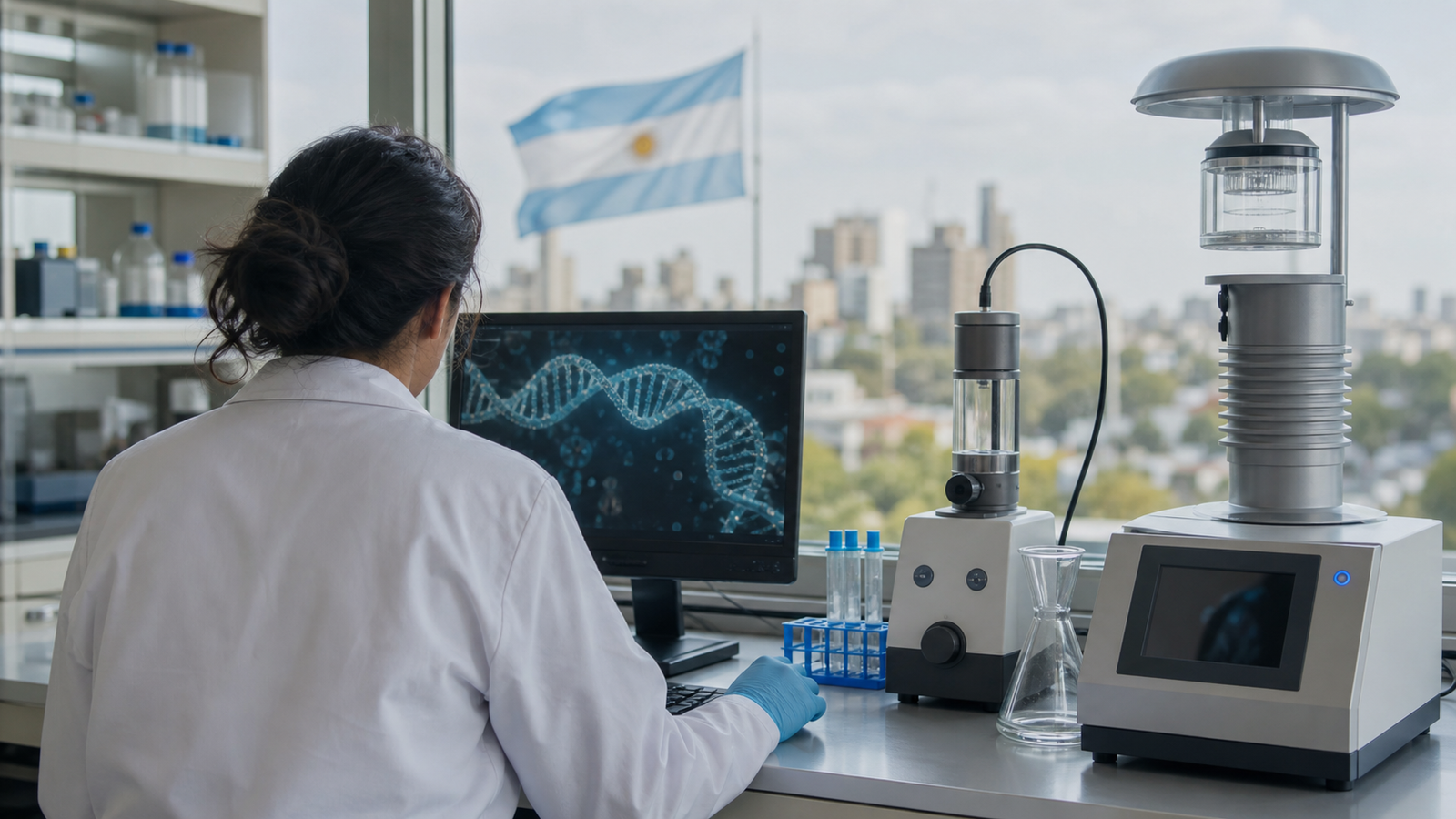 Investigadora trabajando con equipos de muestreo de aire y análisis de ADN