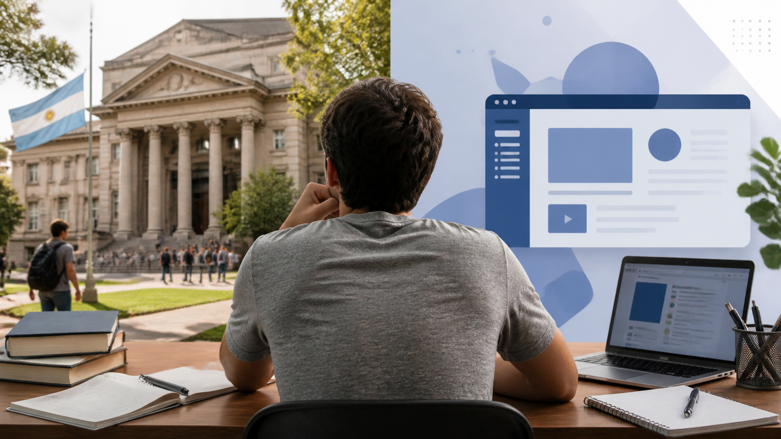Estudiante evaluando alternativas de educación presencial y virtual