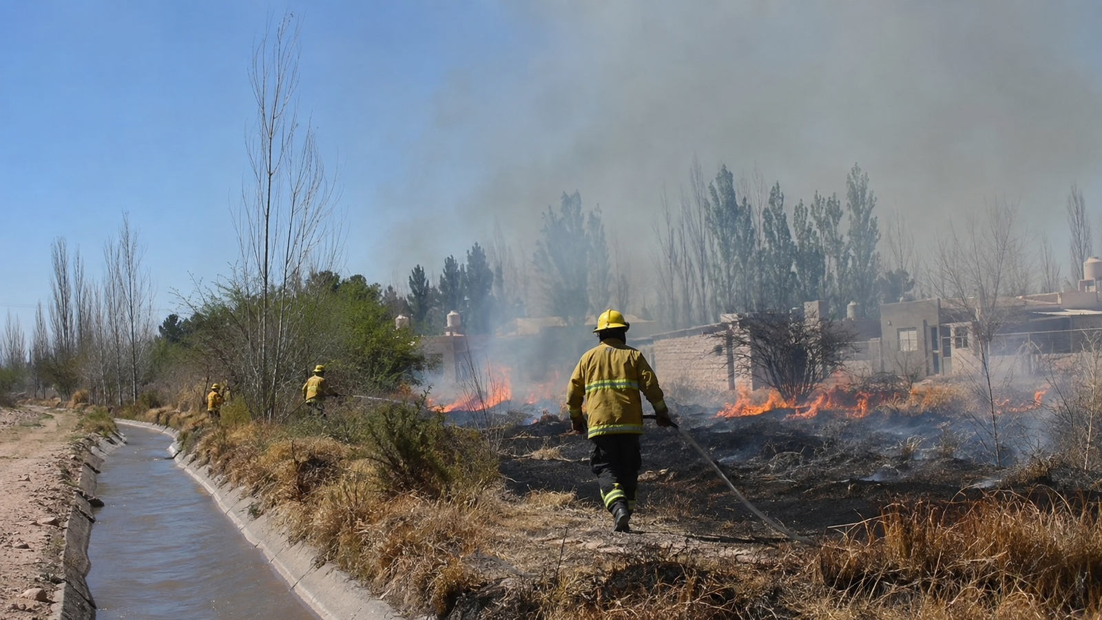 Bomberos combaten un incendio junto a un canal de Sarmiento, imagen ilustrativa generada con IA.