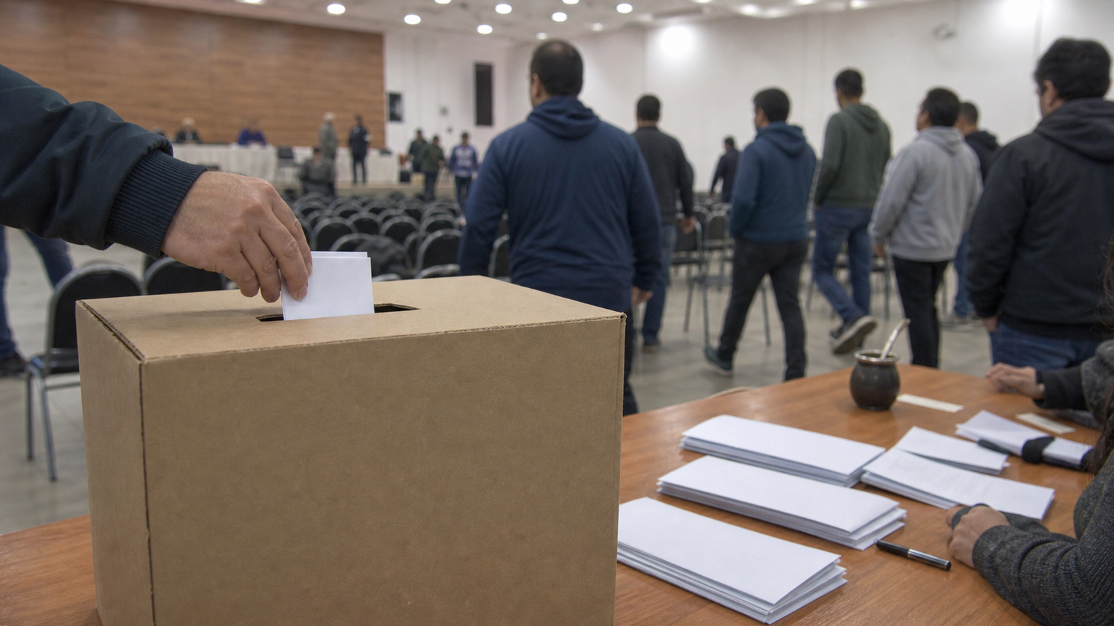 Urna y asamblea sindical durante una votación