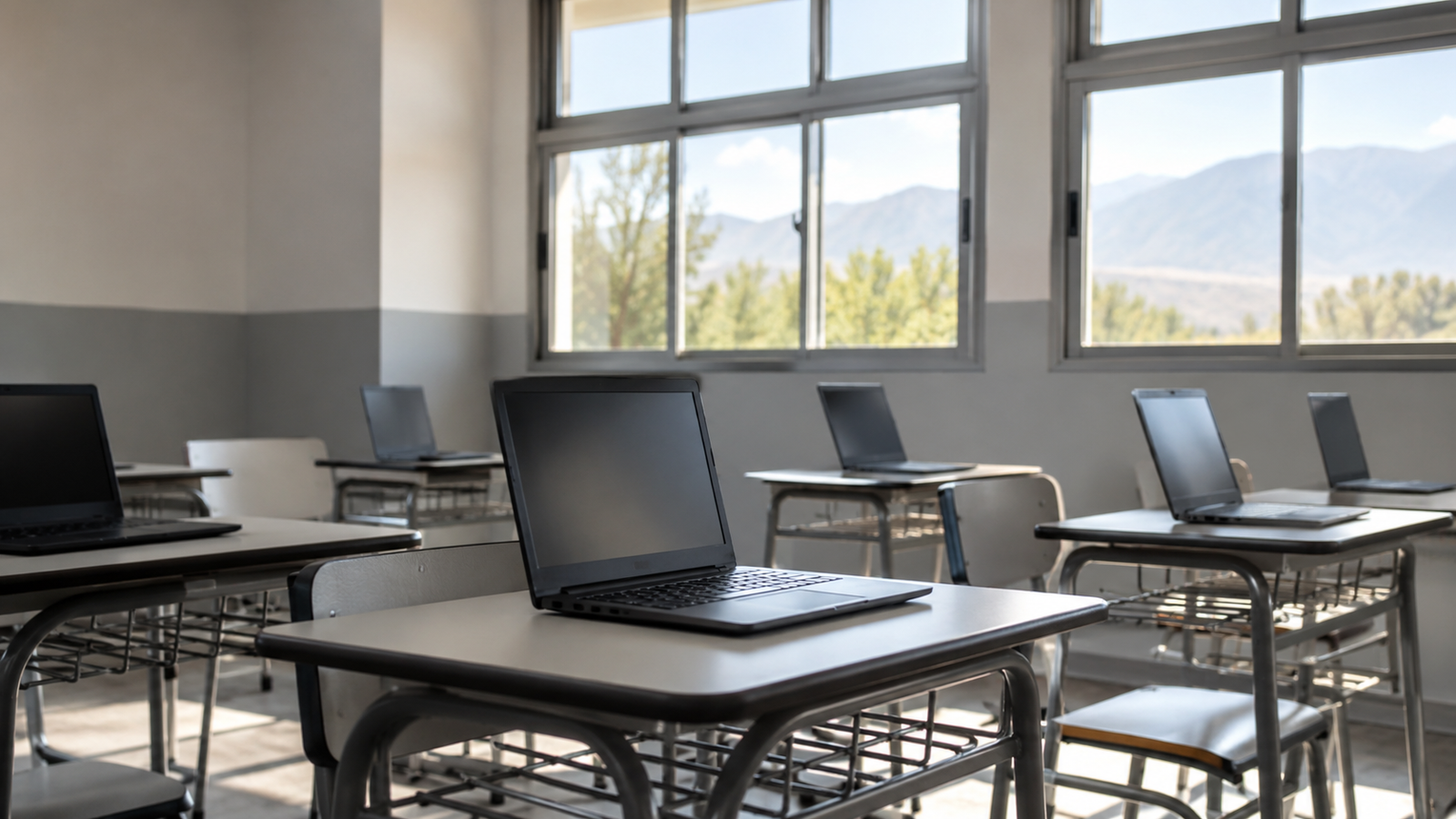 Aula de una escuela sanjuanina con netbooks nuevas, imagen ilustrativa generada con IA.