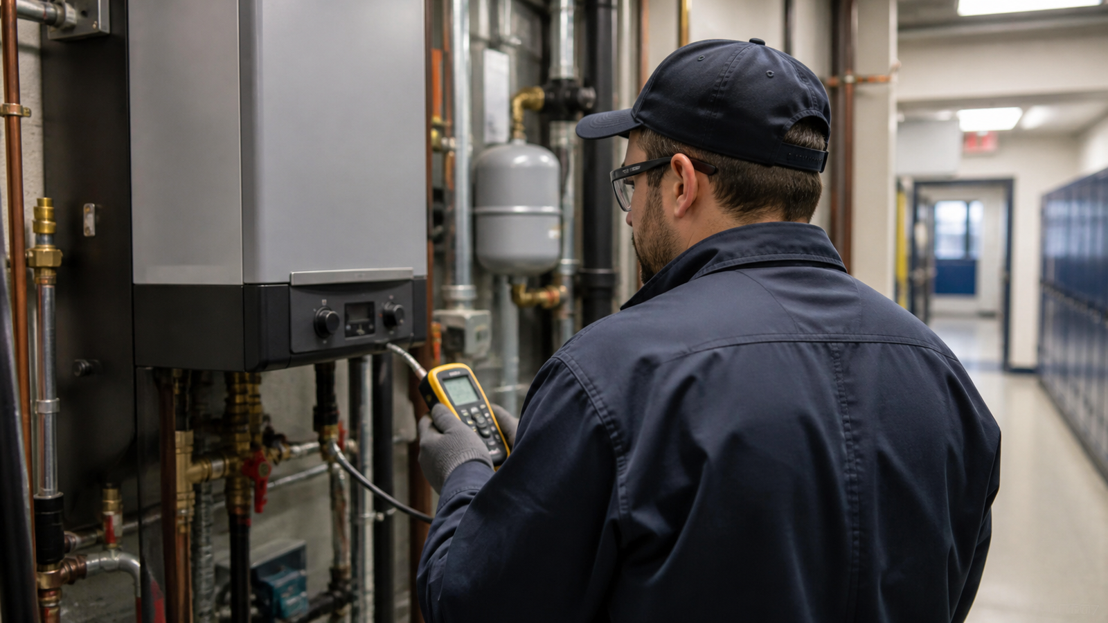 Técnico realizando tareas de mantenimiento en instalaciones escolares