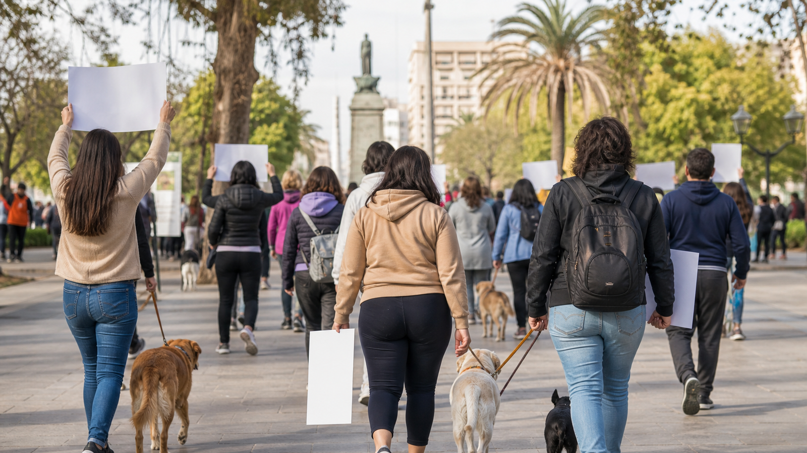 Personas marchando con perros por el bienestar animal en una plaza de San Juan