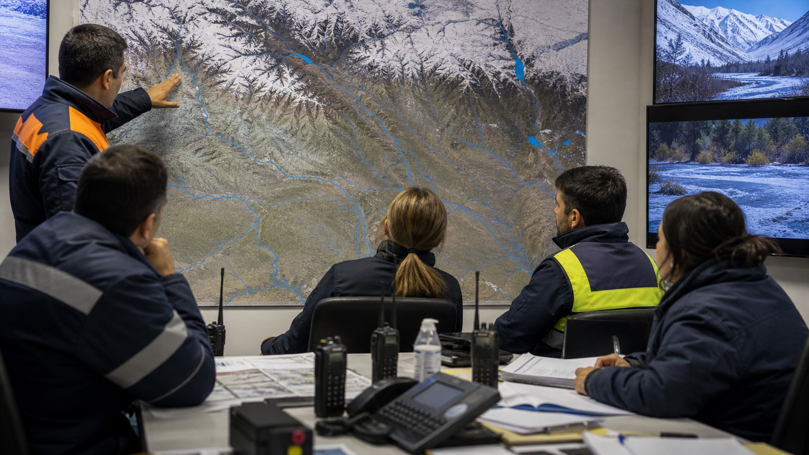 Equipo técnico analiza en un mapa el deshielo en la cordillera