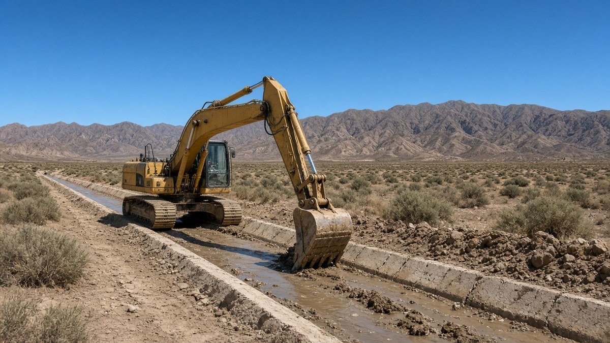Excavadora limpiando canal de riego en paisaje árido de San Juan
