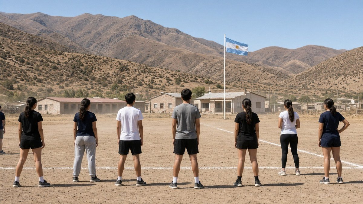 Estudiantes en olimpiada de escuelas técnicas con bandera argentina en San Juan