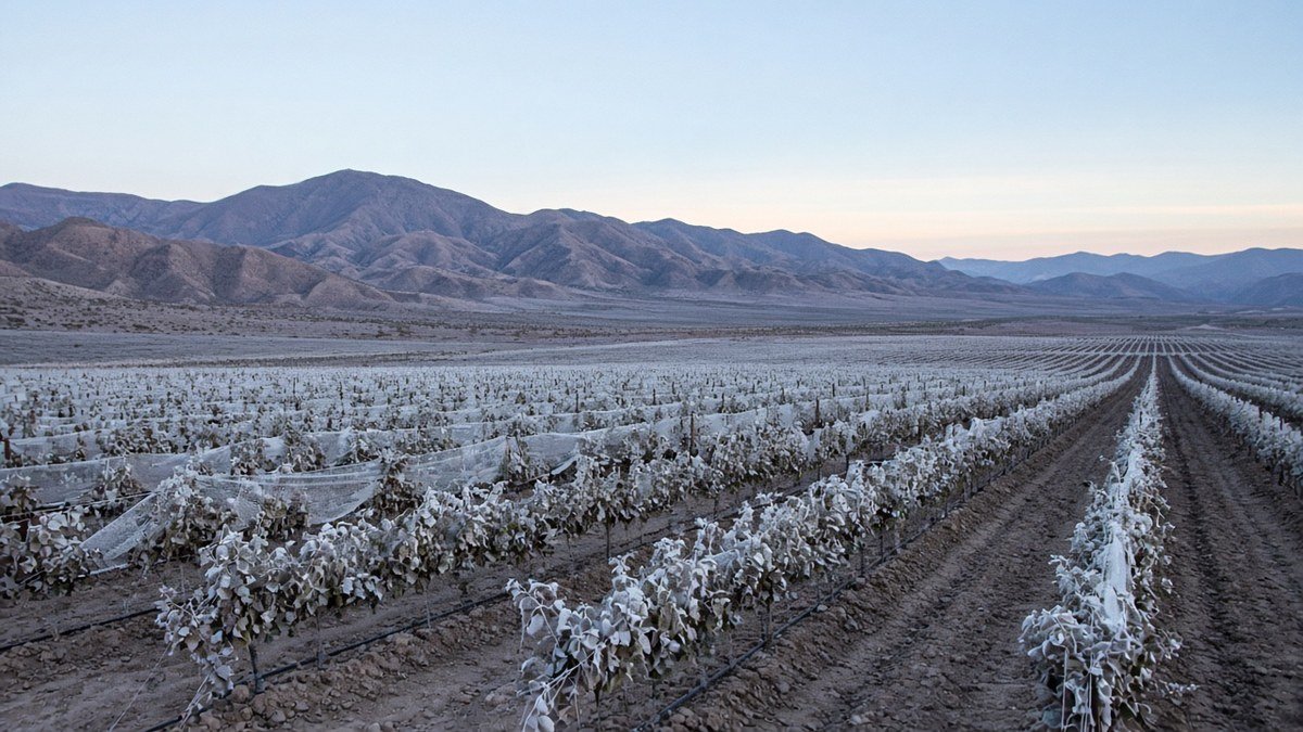 Viñedo con helada tardía al amanecer en el oasis de San Juan