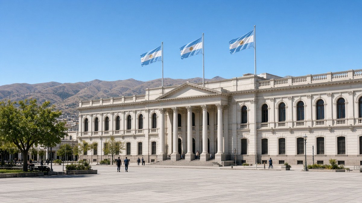 Casa de Gobierno de San Juan con banderas argentinas y cerros al fondo
