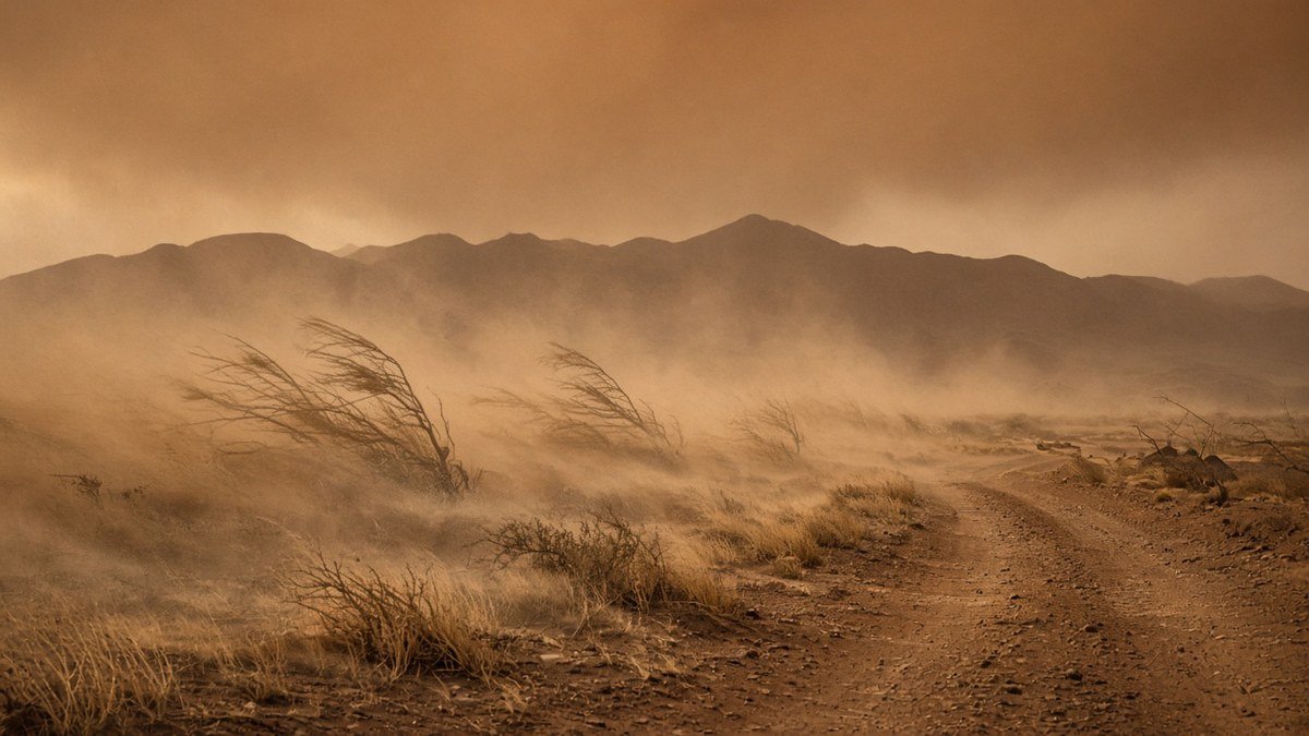 Paisaje de San Juan con fuerte viento zonda levantando polvo