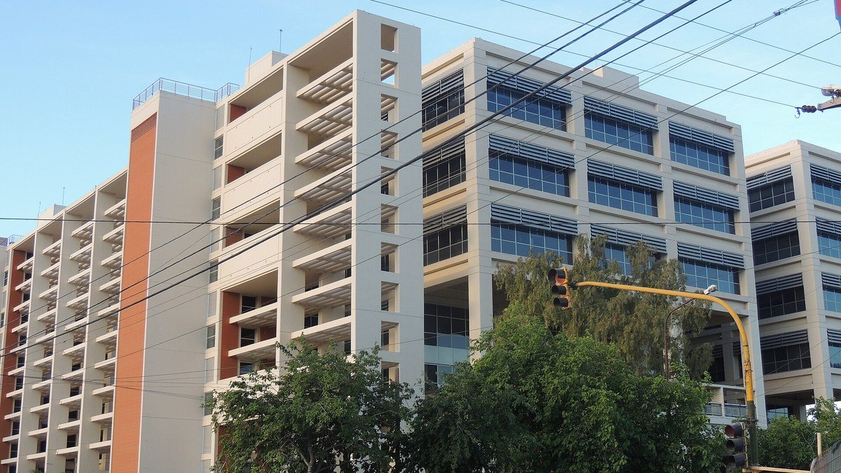 Edificios del Centro Cívico de San Juan vistos desde la calle, con árboles y cables en primer plano