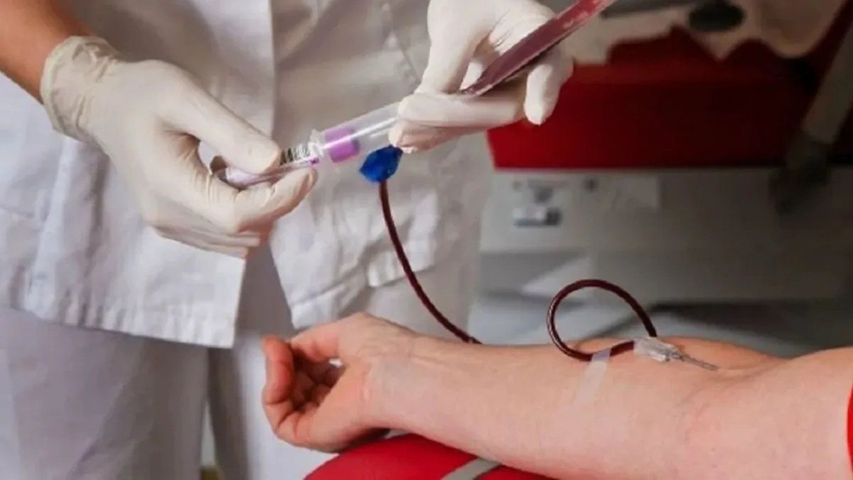 Una persona con guantes de látex manipula una vía conectada al brazo de un donante de sangre