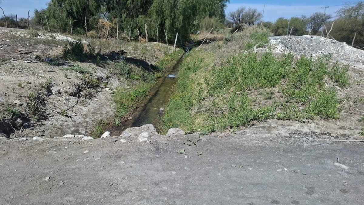 Acequia de riego con poco caudal entre bardas y vegetación en Cañada Honda, Sarmiento