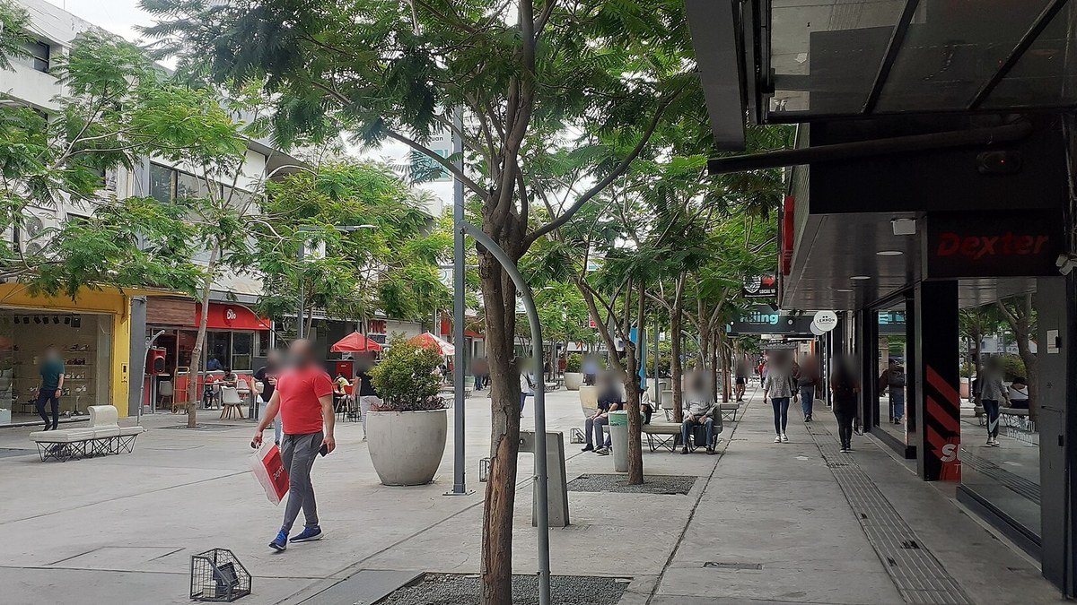 Peatonal Rivadavia de la ciudad de San Juan, con árboles, locales comerciales y peatones