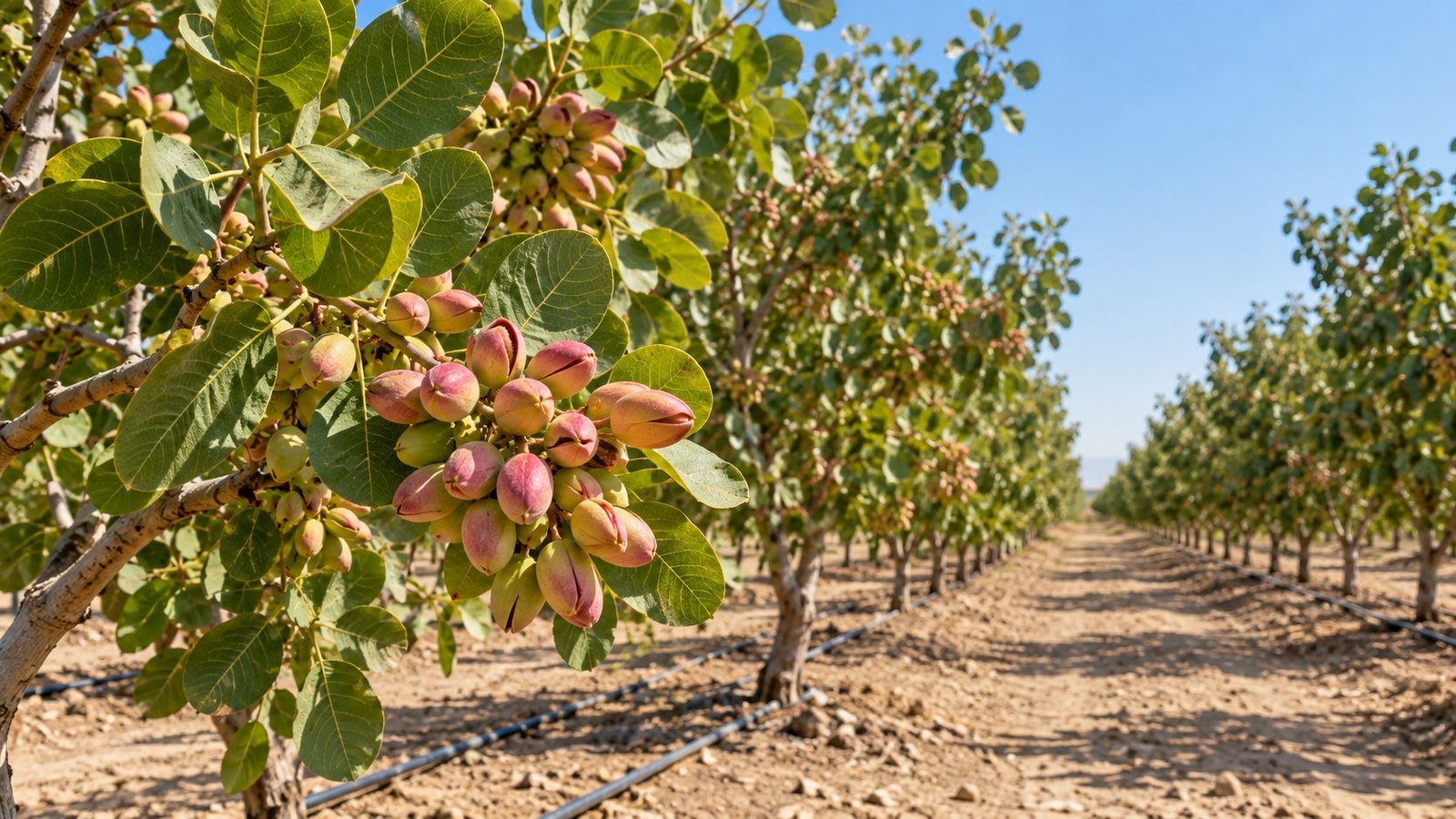 Hileras de pistachos con riego por goteo, imagen ilustrativa de la producción