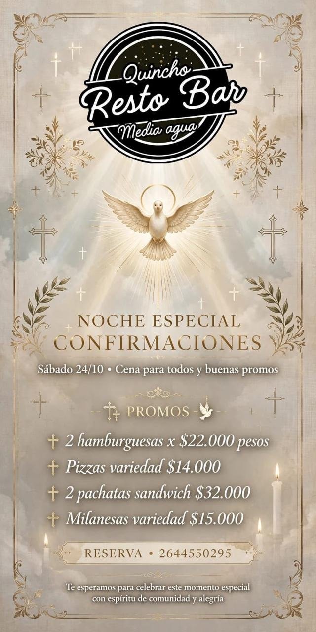 Flyer completo de Quincho Resto Bar Media Agua para la Noche Especial Confirmaciones