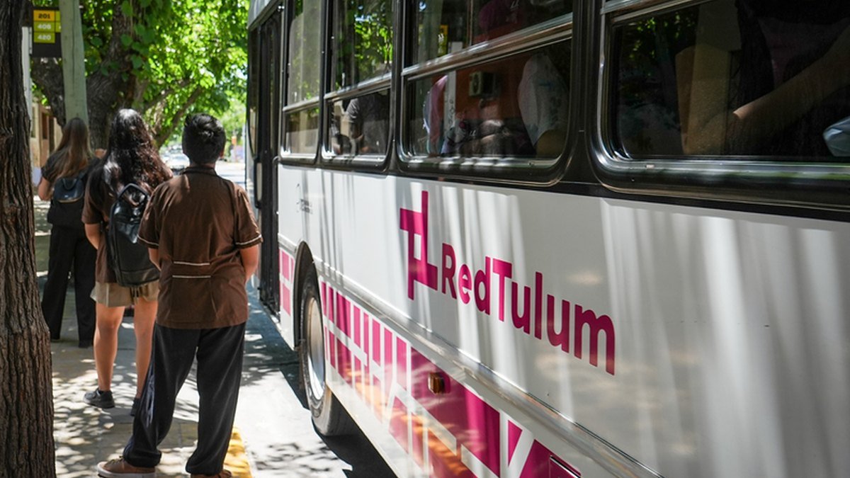 Pasajeros esperan en una vereda arbolada junto a un colectivo blanco de la Red Tulum
