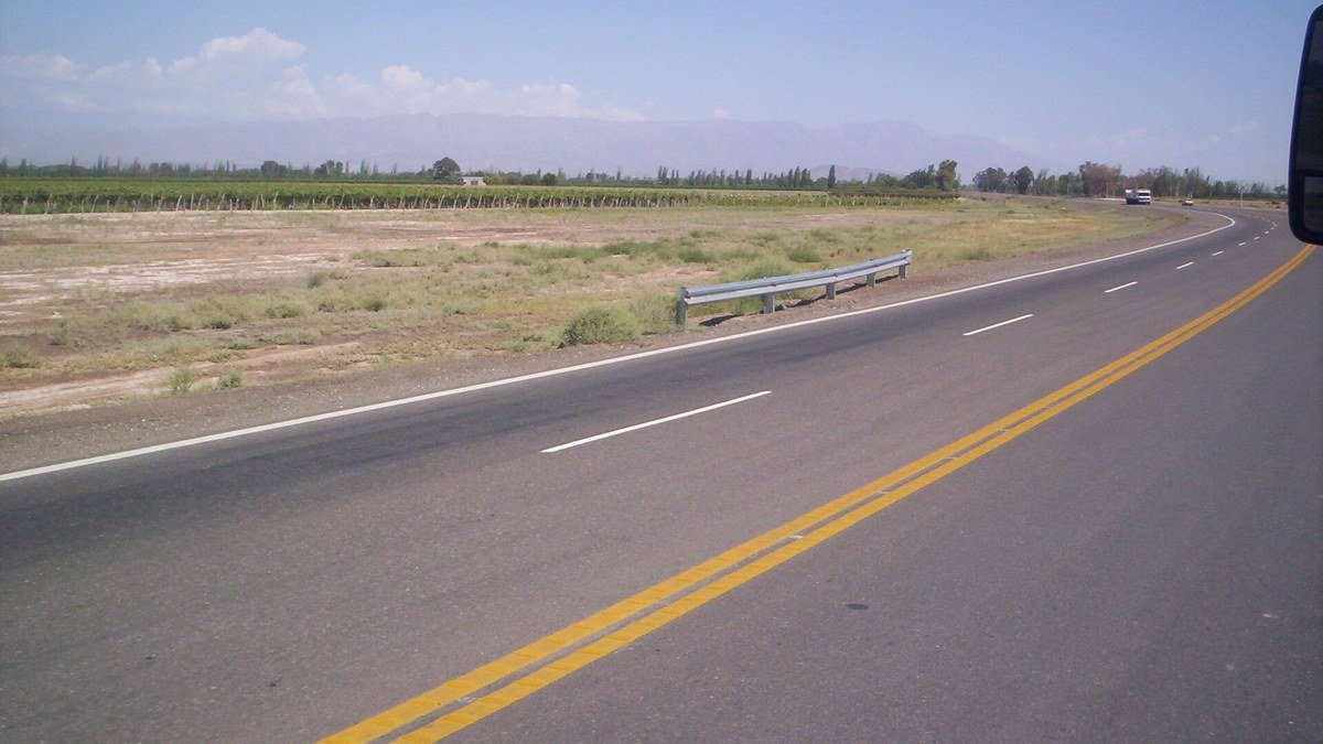Tramo de la Ruta Nacional 40 en San Juan, con doble línea amarilla y viñedos al costado