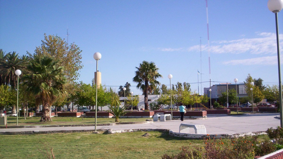 Plaza de Media Agua con césped, palmeras y árboles bajo el cielo despejado