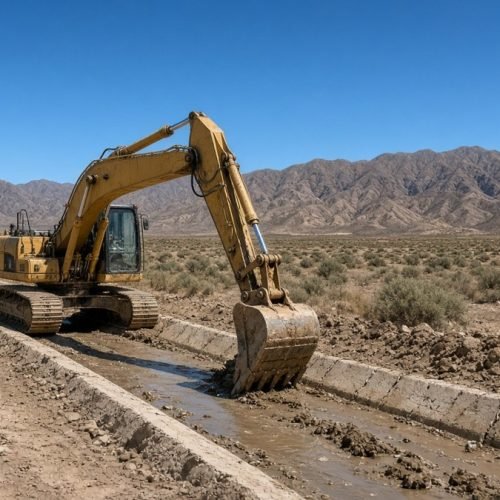 Excavadora limpiando canal de riego en paisaje árido de San Juan
