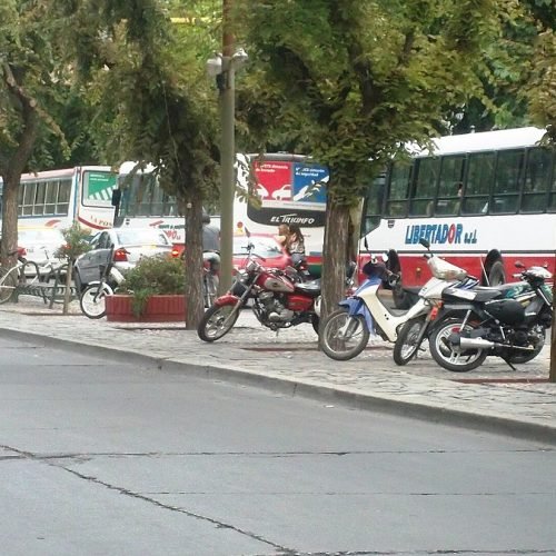 Avenida Libertador San Martín en el centro de San Juan, con árboles, motos estacionadas y colectivos