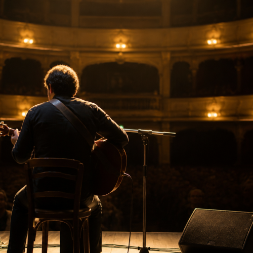 Músico de folklore con guitarra sobre el escenario de un teatro