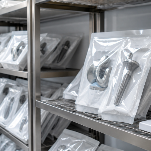 Prótesis ortopédicas organizadas en una sala de almacenamiento médico