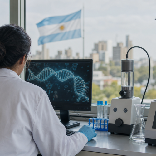 Investigadora trabajando con equipos de muestreo de aire y análisis de ADN