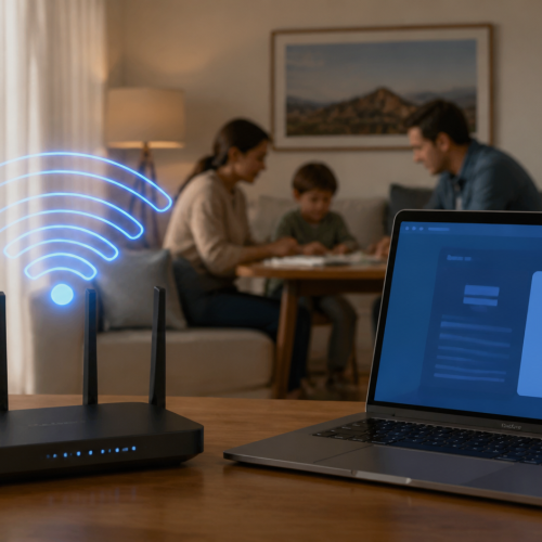 Router Wi-Fi y computadora en una vivienda de San Juan