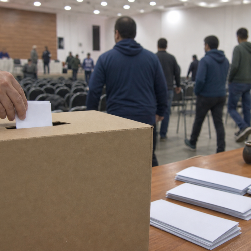Urna y asamblea sindical durante una votación