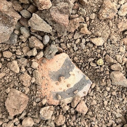 Fragmento de cerámica entre piedras en una ladera de alta montaña