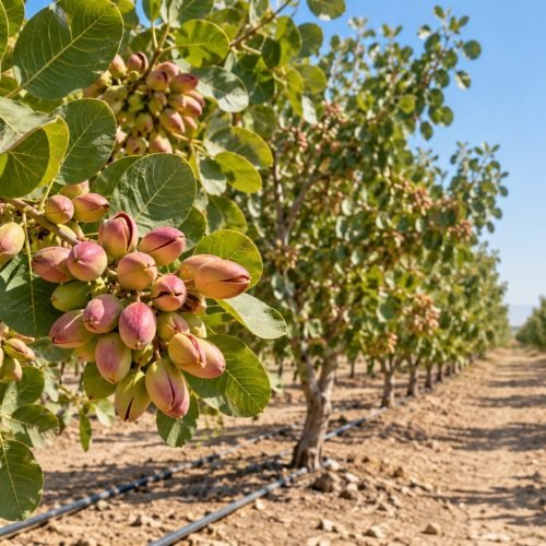 Hileras de pistachos con riego por goteo, imagen ilustrativa de la producción