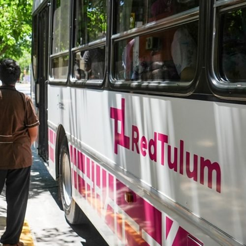 Pasajeros esperan en una vereda arbolada junto a un colectivo blanco de la Red Tulum