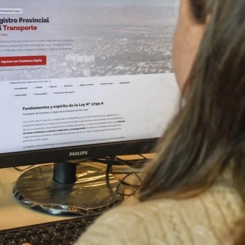 Una persona, de espaldas, consulta en una computadora el sitio del Registro Provincial del Transporte de San Juan