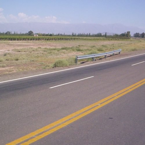 Tramo de la Ruta Nacional 40 en San Juan, con doble línea amarilla y viñedos al costado