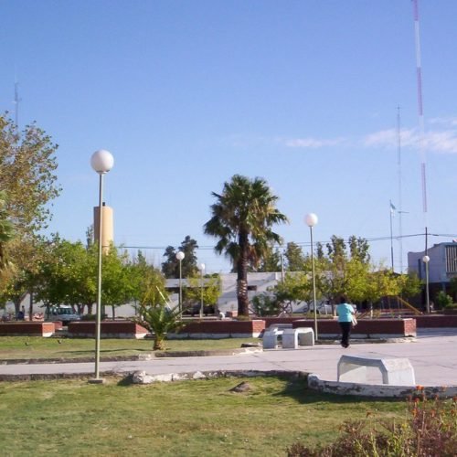 Plaza de Media Agua con césped, palmeras y árboles bajo el cielo despejado