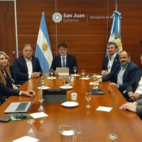 Representantes de Vicuña y funcionarios provinciales sentados alrededor de una mesa de reuniones en el Ministerio de Minería de San Juan