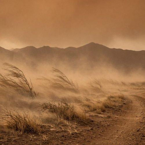 Paisaje de San Juan con fuerte viento zonda levantando polvo